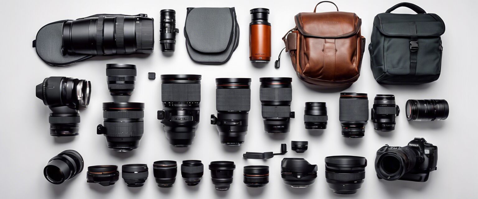 Photography accessories including tripods, lenses, and bags