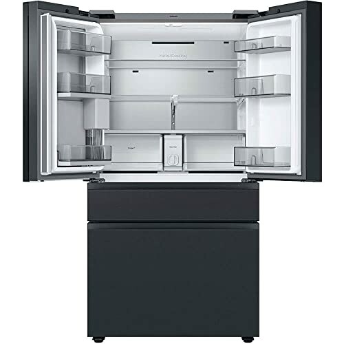 Open modern refrigerator with empty shelves and drawers.