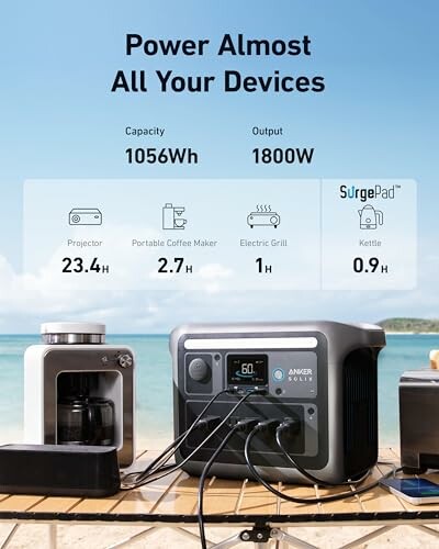 Portable power station on a beach powering various devices.