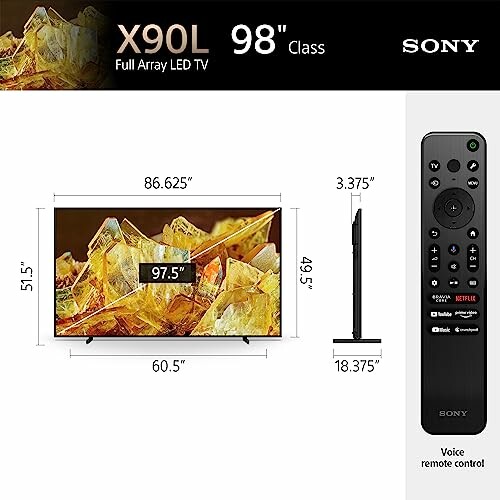 Sony X90L 98 inch Full Array LED TV with dimensions and remote control