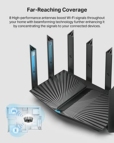 Wi-Fi router with 8 high-performance antennas for extended coverage.